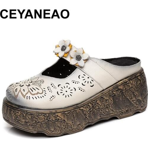 CEYANEAO Original Retro Sandals Summer Genuine Leather Handmade Shoes Slides Thongs Platform Clogs For Women Wedges Shoes