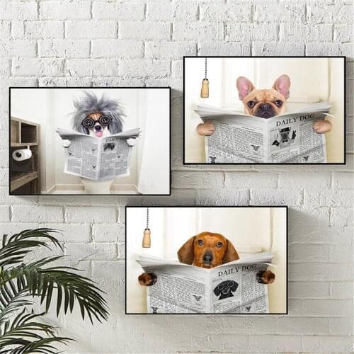Modern Nordic Funny Dog Reading Newspaper Toilet Wall Art Canvas Prints Dog Painting Wall Pictures Home Bathroom Decoration