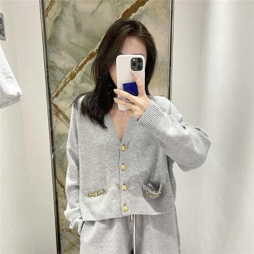 Street Gray Short V-Neck Knitted Cardigan Top 2021 Autumn Winter New Casual Loose Lazy Long-Sleeved Sweater Women Clothes