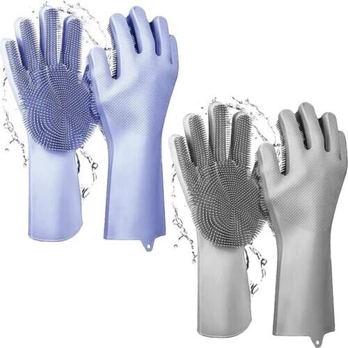 Thickening Silicone Kitchen Cleaning Dishwashing Gloves with Brush Protect Glove