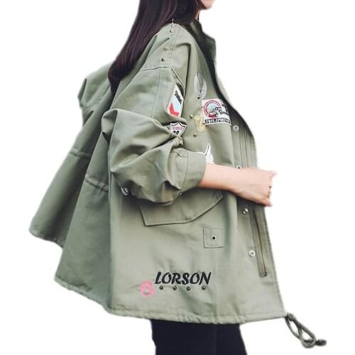 Autumn Winter Womens Military Jacket Drawstring Windbreaker Coat Army Green Embroidery Casacos Jaqueta Feminina Chaquetas Mujer