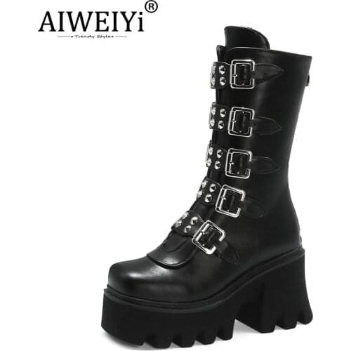 AIWEIYi Woman Boots Black Buckle Design Mid-calf Boots Back Zip Platform Pumps Fur Keep Warm Punk Style Woman Martin Boots