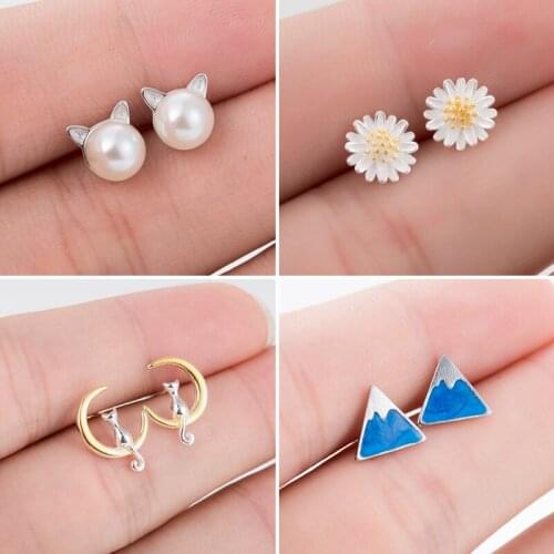 Original Silver Color Needle Earrings Fashion Pearl Cat Stud Earring Women Jewelry Snow Mountain Daisy Ear Pendientes Oorbellen