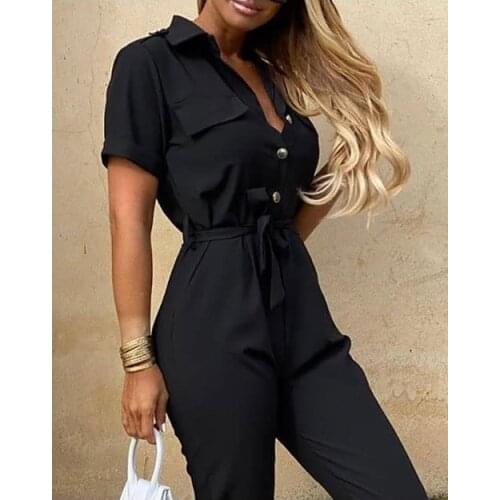 Women Casual Solid Color Jumpsuit 2020 Summer Deep V Neck Button Shirt Overalls Short Sleeve Office Lady One Piece Romper Belt