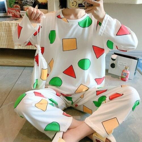 2021 Korean Style Womens 2 Pieces Pajamas Summer Cartoon Fresh And Thin Homewear Pajamas Set Sleepwear Suits Pyjamas Clothes