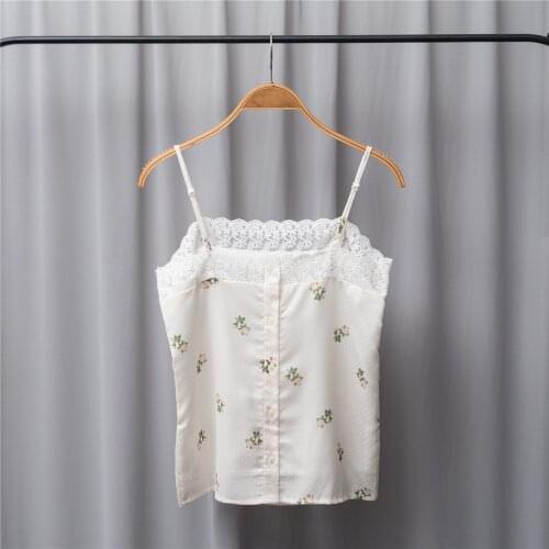 2021 Summer Camisole Womens Sling Embroidered Rose Flower Printed Vest Lace Trim Sexy Back with Buttons Ladies Top and Camis