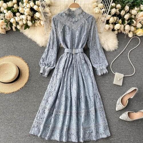 Spring Autumn Dresses For Women 2021 Long Sleeve Elegant Lace Dress Lady Stand collar Slim Bandage Party Midi Dress Vestidos