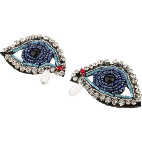 2 Pieces Rhinestone Crystal EYES Patch Iron/Sew on Transfer Applique Motif fit Coat Sweater Handbag Purse Shoes DIY Decoration
