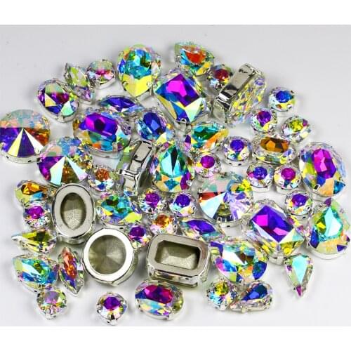 82 pcs Mixed Shapes AB pointed back stone with claw Sew on Crystal with 4 Hole Silver Setting for Clothes Wedding Dress Handbags