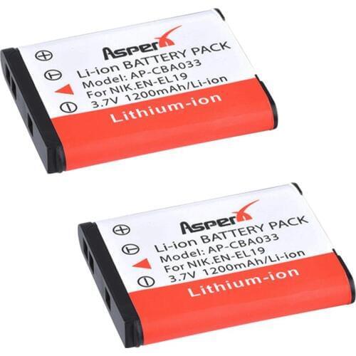 AsperX 2PCS 3.7V 1200mAh EN-EL19 EN EL19 EL19 Battery for Nikon Coolpix W150 S32 S100 S2800 S3200 S3300 S3500 S3600 S4100 S4200