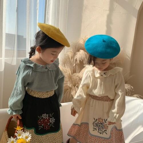 2021 New Spring Baby Girls Embroidery Floral Blouses Ruffles Collar Korean Style Pure Color Tops Toddlers Kids Princess Shirts