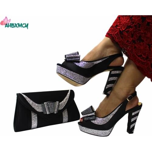 Elegant Style New Coming High Quality African Women Shoes Matching Bag Set in Black Color Mature Style Slingbacks Sandals