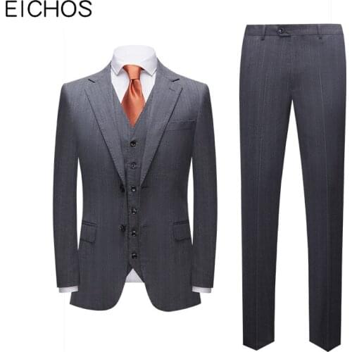 EICHOS Brand Stripe Wedding Suits for Men Slim Fit Mens Business Suits High Quality Grey Suit Formal Jacket+Pants+Vest