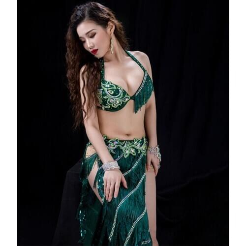 Dance Sequin Embroidered Bra +Fringed Long Skirt Oriental Dance Professional Dance Competition Performance Group Clothing