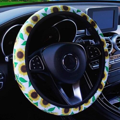 Car Steering Wheel Cover Knitted Fabric Sunflower Floral Print Steering Covers Auto Non Slip Stretchy Car Styling