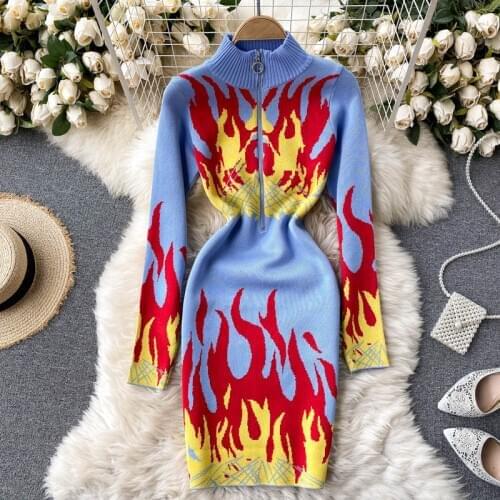 Foamlina Fire Flame Print Knit Sweater Dress Women New Chic Zipper up Stand Collar Full Sleeve Sexy Party Streetwear Club Outfit