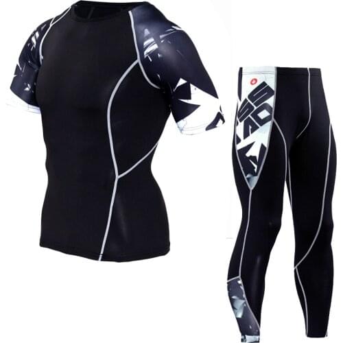 Compression Men Sports Quick Dry Running Suits T Shirt Pants Sets MMA Jogging Clothes Gym Sportswear Training Fitness Tracksuit