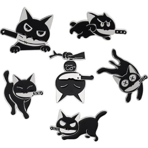 Cat Enamel Pins Funny Animal Knife Badge for Shirt Coat Lapel Pin Cartoon Brooches Jewelry Gifts Friend Kids