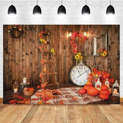 Laeacco Autumn Wooden House Maple Leaf Pumpkin Clock Baby Birthday Photo Background Photography Backdrop For Photo Studio