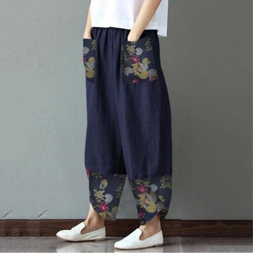 Summer Popular Ethnic Print Pockets Pants Pants Loose Pants Wide Leg for Office