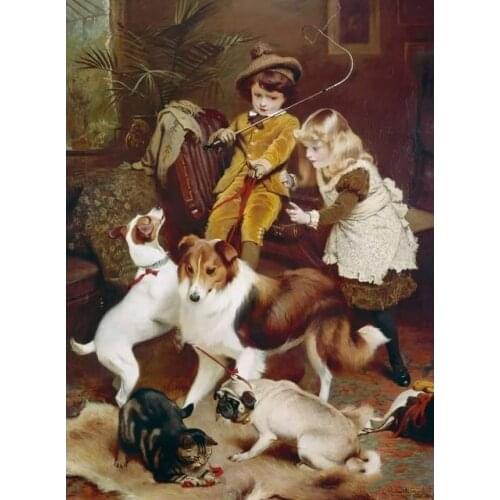 Chil and Dog Needlework,Cross stitch kit Oil Painting Stylish for Embroidery,14CT White canvas DIY Handmade Decorative paintings