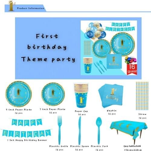 Boy Girl First Birthday Party Disposable Tableware Sets Golden Glitter Gender Reveal Baby Shower Party Decorations Supplies