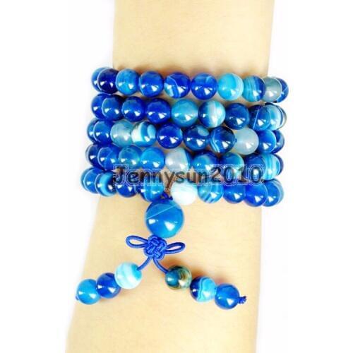 Natural Blue Stripe Ag-ate 8mm Gem Stone Buddhist 108 Beads Prayer Mala Multi-Purpose Stretchy Bracelet Necklace 2Strands/Pack