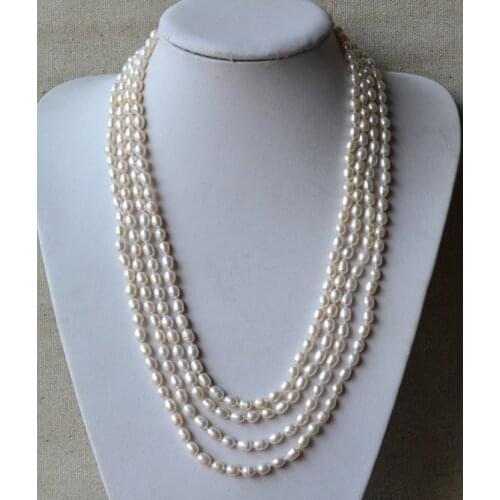 New Classic Handmade Long Pearl Necklace 100 inches White AA 6-7MM Real Freshwater Pearl Rice Beaded Necklace Party Women Gift