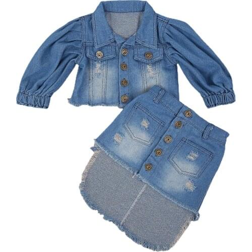 1-6Y Vintage Infant Baby Girls Clothes Sets Denim Blue Long Puff Sleeve Single Breasted Jacket Tops+Pencil Skirts 2pcs