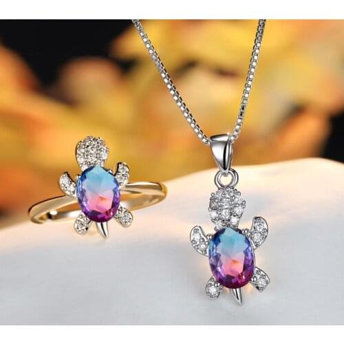 Blue Purple Zircon Rainbow Opal Turtle Necklace Ring Female Luxury Bridal Jewelry Sets Dainty Silver Color Wedding Set For Women