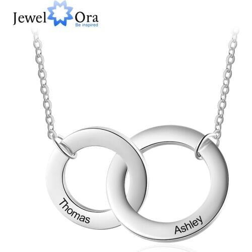 JewelOra Personalized Engraving Name Ruond Pendant Necklace Customized Intertwined Circle Necklaces for Women Christmas Gifts