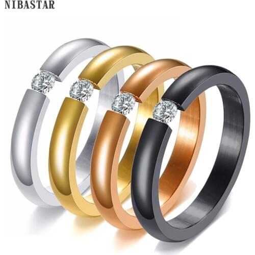 NIBASTAR Simple 3MM Crystal Ring For Woman Cute Fashion Stainless Steel Rings For Female Wedding Promise Jewelry