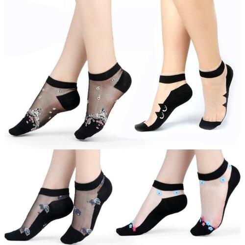 Glass crystal cotton bottom sexy invisible silk boat Mesh Fishnet Transparent Ankle Net Yarn Thin Women Cool Socks