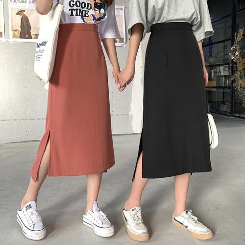 High quality drape korean style skirts womens high waist midi long skirts for women streetwear side slit solid color jupe femme