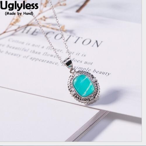 Uglyless 100% Real 925 Sterling Silver Pretty Blue Gemstones Square Pendants for Women Natural Amazonite Necklaces NO Chains