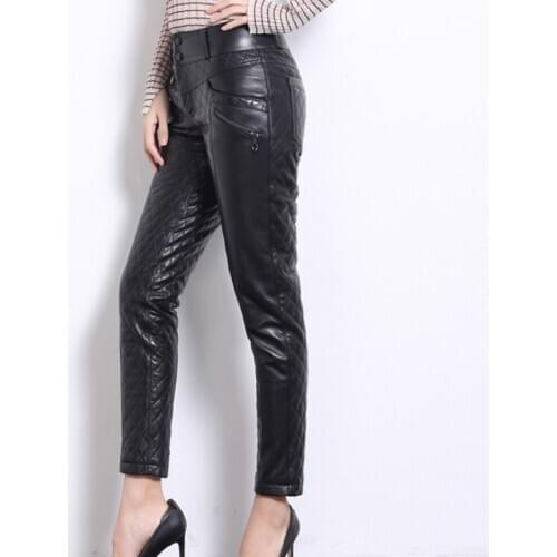 Brand Winter 100%Real Leather Cotton Pants Women Streetwear High Waist Pencil Pant OL Style Fashion Sheepskin Trousers Plus Size
