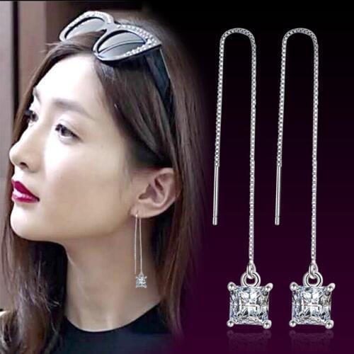 Hot Sale Promotion 2017 New Fashion Square Zircon 925 Sterling Silver Long Drop Earrings for Women Birthday Gift Drop Shipping
