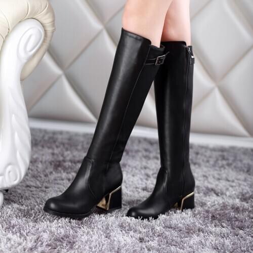 Hot Sale Spring Autumn Lacing Knee High Boots Women Fashion White Square Heel Woman Leather Shoes Winter PU Large Size 43