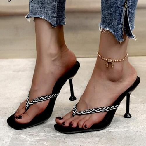 2021 High Heel Flip Flops Women Summer Sexy Slippers Sandals Shoes Women Thin High Heels Square Toe Slippers Lady Mules