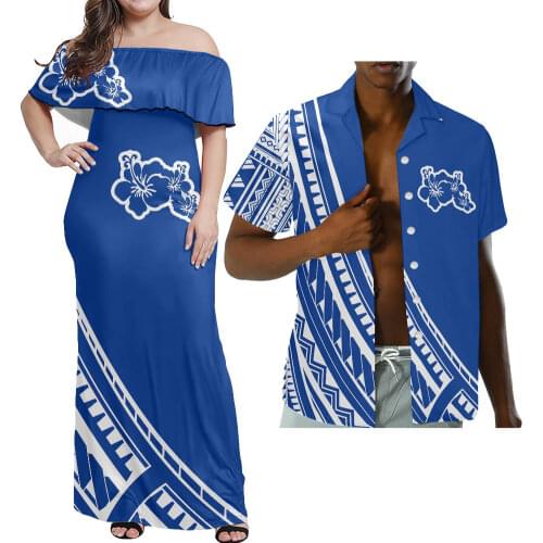 Hycool Up Size To 7xl Hibiscus Print Plus Size Women Polynesian Clothing Sexy Off Shoulder Maxi Wedding Dresses Match Men Shirts