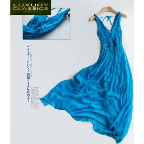 Silk Real Summer 100% Dress Women Maxi Vestidos Korean Long Sexy V Neck Dresses Woman Vintage Beach Party Night Dresses