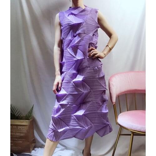 Miyake Pleated Summer Dress Women 2021 Overall High collar Loose large size Diamond Pleated Sleeveless A-line dress 1028