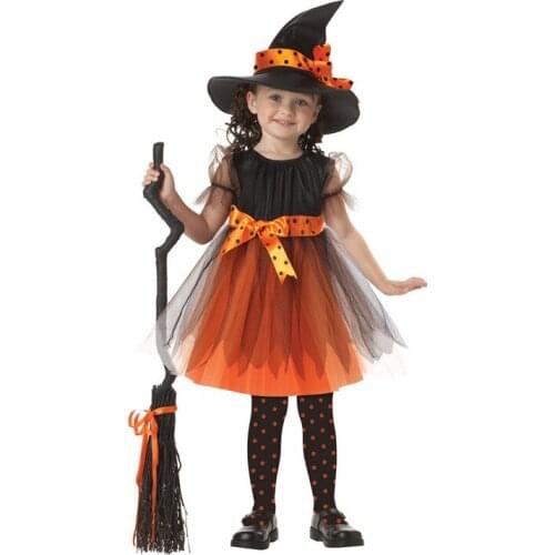 Kids Pumpkin Faerie Witch Princess Cosplay Costumes Rayon Silk Grenadine Dresses Hat Belt 3Pcs Set Halloween Cosplay Costumes