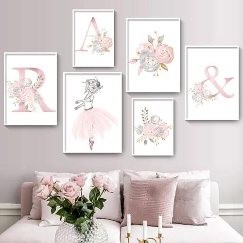 5D Diamond Painting Nordic Alphabet Baby Posters Personalized Girl Name Nursery Prints Pink Flower Wall Art Pictures Room Decor