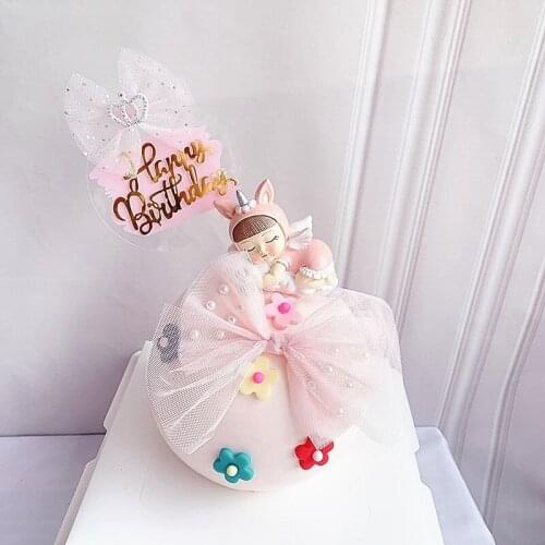 Big Bow Gothic Pink Rabbit Girl Happy Birthday Children Cake Topper Decoration for Party Supplies Baking Lovely Gifts