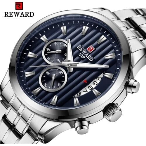 REWARD 2020 Mens Wristwatches Silver Stainless Steel Complete Calendar Lumious Hands Top Brand Sport Watches Relogio Masculino