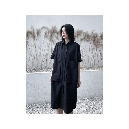 Shirt-style Black Dress Girl Xia 2020 new loose pocket temperament medium-long short-sleeved shirt skirt