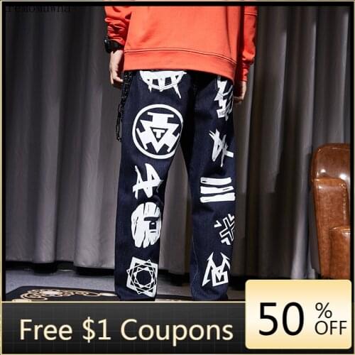 2021 NEW Spring Autumn Graffiti Printed Jeans for Men Women Loose Personality Street Hip-hop Straight Casual Trousers 5XL 6XL