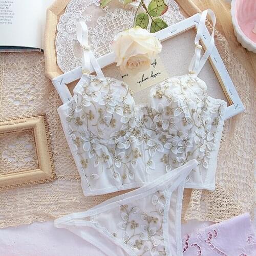 Elegant Bras Underwear Sexy Emboridery Lingerie Bra and Panty Set Lace Vintage Kawaii Girls push up Underwear Set