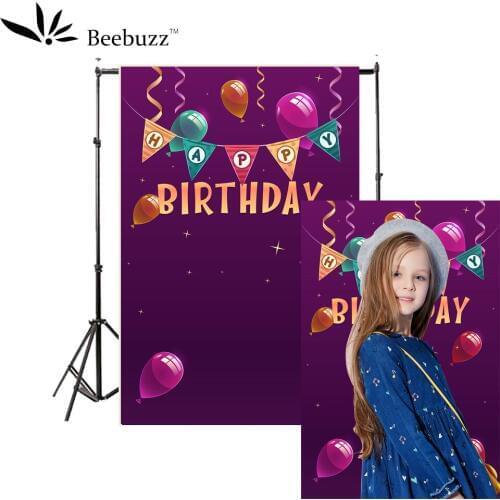 Purple cartoon text happy birthday background photography studio photophone child taking photo of birthday balloon